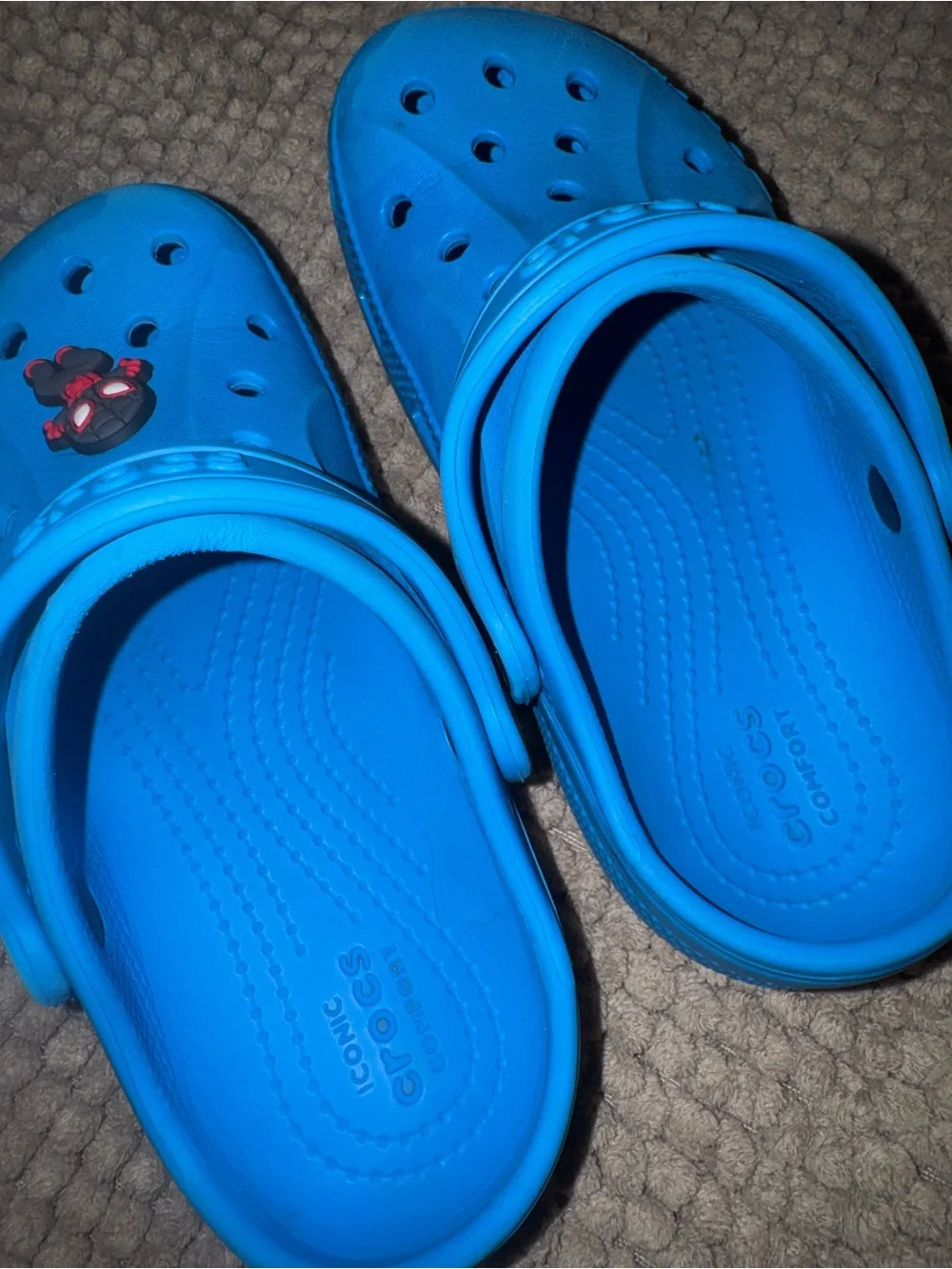 CROCS Kids Bright Blue Clog Sandals with Spider Hero Charm